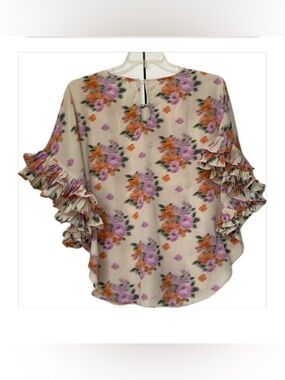JODIFL Cream Floral Ruffle Sleeve Blouse with Purple & Orange Flowers